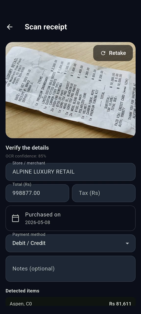 Receipt scanner with OCR