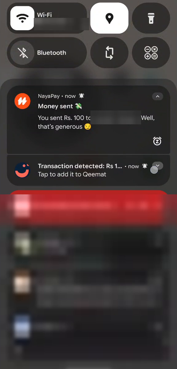 A bank alert followed by Qeemat detecting the transaction